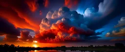 In this unique moment painted by the sky, a captivating image emerges of clouds and fire playing together in a magnificent artistic display. The sky is adorned with clouds scattered in various hues, ranging from shades of white and gray to vibrant blue. The clouds reflect a rich and detailed pattern, where light and shadow harmonize in the sky to create a three-dimensional effect that adds depth to the scene. The soft texture of the clouds intertwines, telling a story of winds that color them.