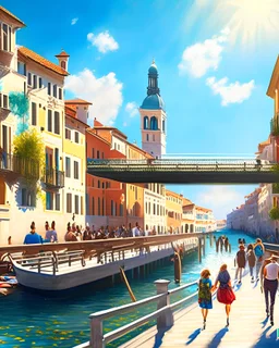 Arte digital fotorrealista de Venecia canal puente peatonal gente cielo soleado obra de arte 4k