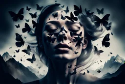 Double exposure image, facing the camera close up a closed eyes fade face woman portrait with shattered, cracked head out many black butterflies explosed in front of forehead and flying around and swirl, high mountains silouttes, pale moon, deep fade colors, soft lines, melting colors and shapes, surreal mood, nightmare, melting painted, dramatic shadows, dark mood , fog, dark fantasy, dreamlike atmosphere, crepy stunning.