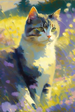 In the Impressionistic style, a cat could be depicted with soft, blurred contours, using dynamic brushstrokes that convey the effects of light and color. The painting could show the cat against a picturesque landscape, such as a field of flowers or gardens, in soft pastel shades with saturated color accents where sunlight falls on its fur. The cat's eyes could be depicted as sparkling points that attract attention and bring the painting to life.