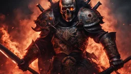 a warrior with bones sticking out of his chest and with eyes made of embers surrounded by smoke. he is fighting a fiend. dark horror setting. terrifying horror backgrund. blood, guts, gore. visceral.