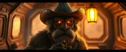 air brush 3d with pen outline,seasoned gunslinger western fluffy elder edgy hero with slightly glowing eyes in front of glistening space lobster dog, shallow depth of field, warm lantern, pin hole cam in doll house space ship, bottom floor board edge border