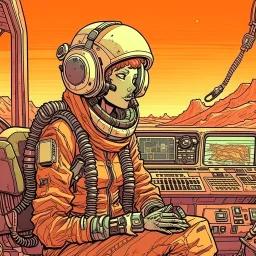 Moebius style scifi pilot girl with headphones, pilot helmet and exosuit sitting in a starship cockpit with solid earthy colors with a desert and dusty station in the background