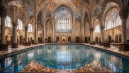 Superb symmetrical pictorial multicoloured mosaic floor, walls with pictures of bathers and swimmers, swimming pool, bathers, swimmers, water feature, symmetrical cathedral style high ceiling, relaxation, luxury, dream world, calm beauty, symmetry, fantasy world, magic, beautiful symmetrical composition, exquisite detail, 135mm lens, adjust perspective, chiaroscuro, night, darkness, dramatic lighting