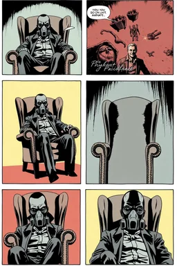 6 panel page with different images of a man in a gas mask sitting in a wingback chair, intimidating, graphic novel