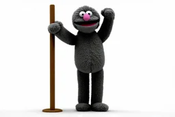 Scruffy fluffy grey puppet plush character, holding with both hands onto a post while being blown vertically by the wind storm, extending vertically, comedic trope, on white background
