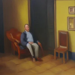 In a room, there is a man sitting on the comfortable chair. Oil painting.