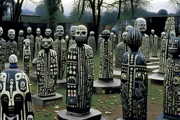 A black graveyard with ghosts designed in African masks painted by Jean Dubuffet