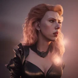 Scarlett Johansson as evil queen in black leather gown, cleavage, angry, stern look unreal 5, octane render,cinema4d, dynamic lighting, dramatic lighting, 4k, redshift render, highly detailed, hyper realistic, in space