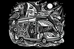 camper van life style of picasso black and white abstract shapes