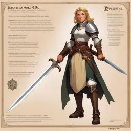 character concept sheet with ad&d statistics and characteristics, [illustration by Angus mcbride for Osprey Publishing’s] blond Joan of Arc in linen battle dress with her zweihander sword in hand