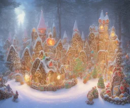 gingerbread candy village, colorful, fantasy, fairytale, intricate, forest, fireflies, flowers, halloween, christmas, hansel and gretel, bokeh, medium shot, visually stunning, depth of field 100mm ( cinematic scene, studio lighting, matte painting, concept art, trending on artstation, artgerm, cgsociety )