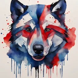watercolor, bold black lines, black footprint, geometric lines, blue and red blotches, wolf face