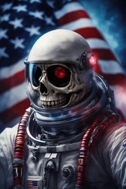 A close up of a skeleton face in an astronaut helmet and suit floating in space. inside the hollow eyes are red shining lights, scary. On his suit is an American flag and in his one hand is a small wavering American hand flag. From the back of his suit is blowing out blue, white and red smoke. Realistic, 8k, highly detailed, funny