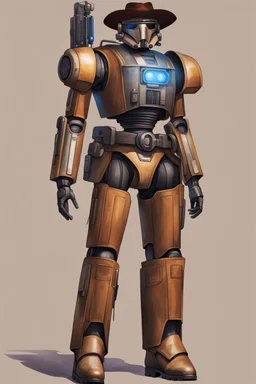 A Star Wars Combat Droid, Wearing Western Cowboy Clothes, Armour looks like Halo, Wearing a cowboy hat and a Cowboy Over-Coat.