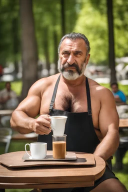 half figure photography of an ugly turkish barman servicing one coffee at the table, burly robust muscular chubby shirtless mainly chest very hairy 48 years old man, in a public park of Istambul , sunny day, sweat, wet, big shoulders, angry eyes, photorealistic