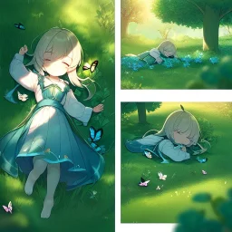 tiny anime girl sleeping in the distance, laying down in a field of flowers, underneath a willow tree, with a butterfly on her nose, hand detail looks human.zoom out