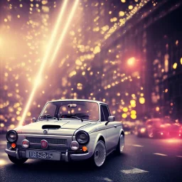 fiat 125p, city. high speed. bokeh. lens flare. warm lights. high detailed