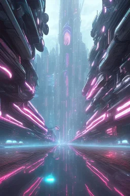 futuristic cyberpunk city street, reflections, luminous