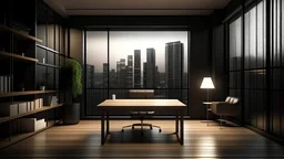 Front view on dark office room interior with empty white poster, desktop, desk, armchair, panoramic window with city view, wooden floor. Concept of company, director workspace. Mock up. 3d rendering