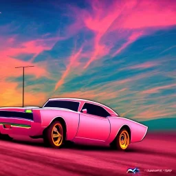 art deco, cyberpunk, neon muscle car, desert road, sunset, full colour, hd,