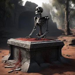 The altar groans again as something rises from the stone. A skeleton—but not one of mere bones. This is no natural corpse left to rot in the dirt. This is something unnatural, something forged by dark power and sustained by unknown sorcery. The skeleton is wrapped in tattered, ancient cloth, rust-colored with age and blood. Its bones are reinforced by crude iron plating, hammered into place with cruel black spikes that pierce the joints like war trophies. Its skull is crowned with a corroded hel