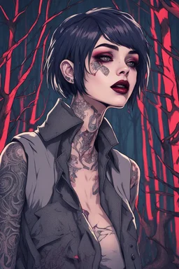 tattooed vampire girl showing fangs with short cropped cyberpunk hair wandering in tangled forest in the moonlight