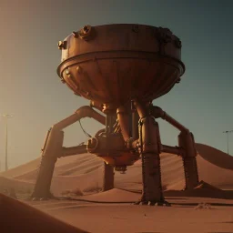 3d rendering. Steampunk futuristic yellow monster machine. Buried in desert sand. Lost in Time, dramatic lighting, hyper realistic, cinematic lighting