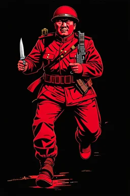 mongolian soldier(uniform and face based on racist steriotypes) running towards viewer, a knife i one hand, and a gun(barrel pointing at viewer) in the other. blocky retro 1960's jack kirby style poster in monochrome with white background