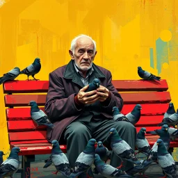 A digital painting in a vintage pop-art style. An elderly man sits on a wooden bench surrounded by pigeons, holding some in his hands. The scene is inspired by a black-and-white photograph but reimagined with bold pop-art colors, strong contrasts, textured brush strokes, and a retro urban atmosphere. The background features distressed textures, with warm yellows, deep reds, and teal greens, blending realism with stylized graphic design. The man’s expression remains detailed and expressive, while
