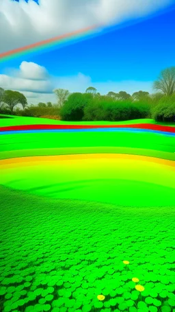 A green golf course with clovers and a rainbow painted by Piet Mondrian