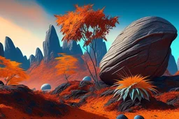 autumn vegetation, exoplanet in the horizon, big stones, cliff, science fiction.