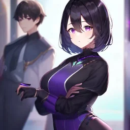 Clear focus,High resolution,High quality, Black short hair, Purple eyes, Wearing a techy outfit