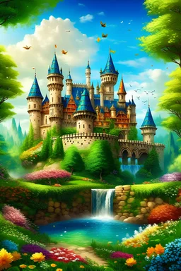 Generate a picturesque spring scene featuring a grand castle surrounded by lush greenery and blooming flowers. The castle should be positioned prominently in the center of the scene, with vibrant spring colors all around. Include a sparkling water fountain near the castle, with crystal-clear water cascading gently into a serene pool below. Capture the essence of springtime beauty, with birds chirping, butterflies fluttering, and sunlight casting a warm glow over the entire scene.