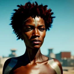 A beautiful portrait of a cyberpunk black tribal woman with lot's of grain on her skin, with natural hair floating in the wind cyborg smiling facing camera orange color scheme, high key lighting, volumetric light high details with white stripes and feathers unreal 5, octane render, cinema4d, dynamic lighting, dramatic lighting, 4k, redshift render, highly detailed, hyper realistic