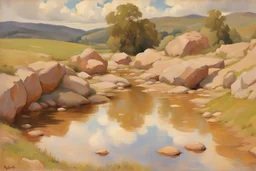 sunny day, clouds, rocks, puddle, mountains, epic, hans am ende, and friedrich eckenfelder impressionism paintings