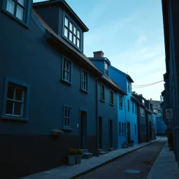 Fotografia di strada assurda e falsa orripilante blu weirdcore dai colori vivaci. Noe. Non luogo falso, inusuale. Max Ernst. Le case sono false e dipinte di nero chiaro con cose stilizzate e dettagli. Ci sono finestrelle false quadrate, che danno un senso distopico e molto surreale, disposte in modo casuale. L'atmosfera generale sembra noiosa e onirica, con un contrasto tra elementi reali ed elementi dipinti falsi, René Magritte, oddest things