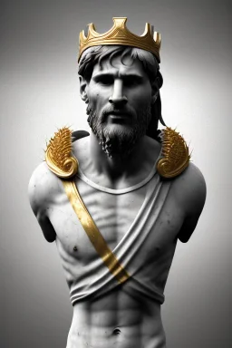 Ultra Realistic image, Roman sculpture, white marble material, Lionel Messi, gold crown of natural thorns, god crown, gold veins, Renaissance style, sun rays background, waist up portrait, epic, celestial, cinematic lighting, God lights, 4k resolution, smooth details, soft lighting, unreal engine 5, art station, substance 3d.