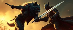 werewolf vs vampire cyberpunk action scene, acrobatic dodge, cape harlekin, morning , scimitar
