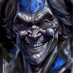 dnd, fantasy, watercolour, large strokes, stylistic, portrait, illustration, very dull black grey colours, male, face, sturdy wide face, weathered face, sly, violent, evil, ruthless, vicious, smiling