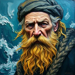 impasto oil painting of an old mariner, thick sculptural brushstrokes, swirling textures, golden beard flowing into stormy ocean, expressive portrait style, vivid ocean blues and greens, emotional and textured, expressionist painting --v 7 --style raw --ar 4:5 --q 2