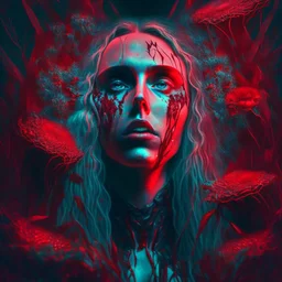 iridescent, Singer Danish MØ face, blood, futuristic, guts, wildflower, cosmic, intricate, darkred tones,sidhe, ominous, nature, plants,