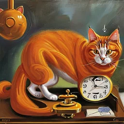 Orange longhairs cat with a clock, surrealism in the style of Salvador Dali