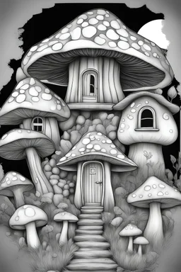 MANDELA STYLE .Mushroom houses Coloring Book for Adults and Kids, Instant Download, Grayscale Coloring Book