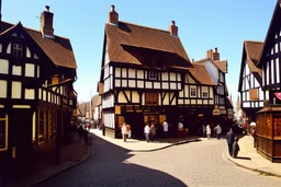 Old English Tudor Street with shops, signs, bridges, and people, sunny day.