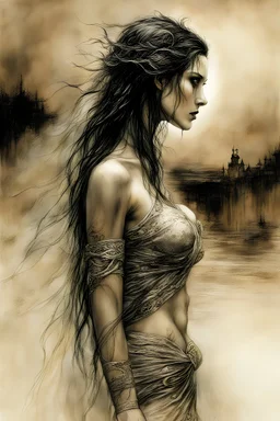 Hyper-photorealistic watercolor art style by Luis Royo, Surreal fine art etching of a figure by Luis Royo, tanned skin inscribed with the transient story of mortality, ethereal light playing with its form whispering tales of an eternal realm, eyes, black as the depths of the night, ardently pinand looking towards the endless skies, a crown of black hair mirroring the mystery of the cosmos around, whole scene tinged with an ethereal softness from volumetric lighting, hues gr, Mysterious