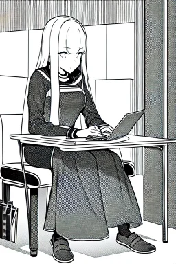 thin hacker girl use a laptop on a table sitting in a cafe, line arts, greyscale