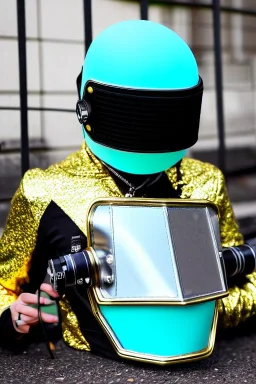 Metallic Cyber-punk style camera-mask. Large fencing mask covers cheeks. Trim girls. Reflective plastic body surface, skin, full-coverage. Head full of integrated old-fashioned cameras and old telephones. Golden to cyan surfaces body. Perfect body, thick thighs and calves. Selfie, Selfies, old-fashioned cameras, mirror. Wide hip. Partly symmetrical. Camera lenses cover the most of the body. Mathematical equations, Euclidean 3D-tiling, Escher tiling. Soviet propaganda. 1990's