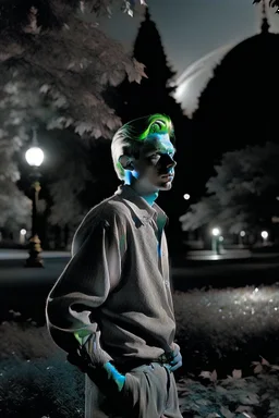 Artistic portrait of a young stylish albino teen dressed in grey casual wear walking in a park in the moonlight by Herbert List