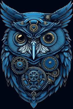 Portrait of an owl, steampunk, indigo blue, colorful, illustration, highly detailed, simple, smooth, and clean vector, no jagged lines, vector art, smooth, made all with grey colored gears inspired by future technology